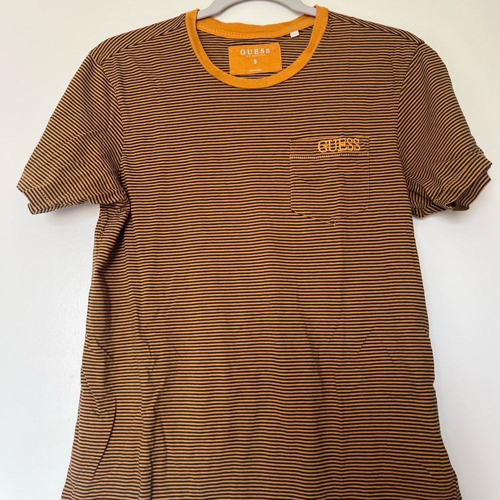 GUESS Men's Black and Orange Striped Tee